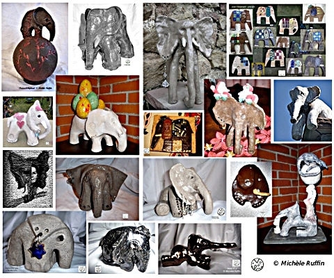 mosaÏque d'éléphants (leur point commun : tous en céramique)